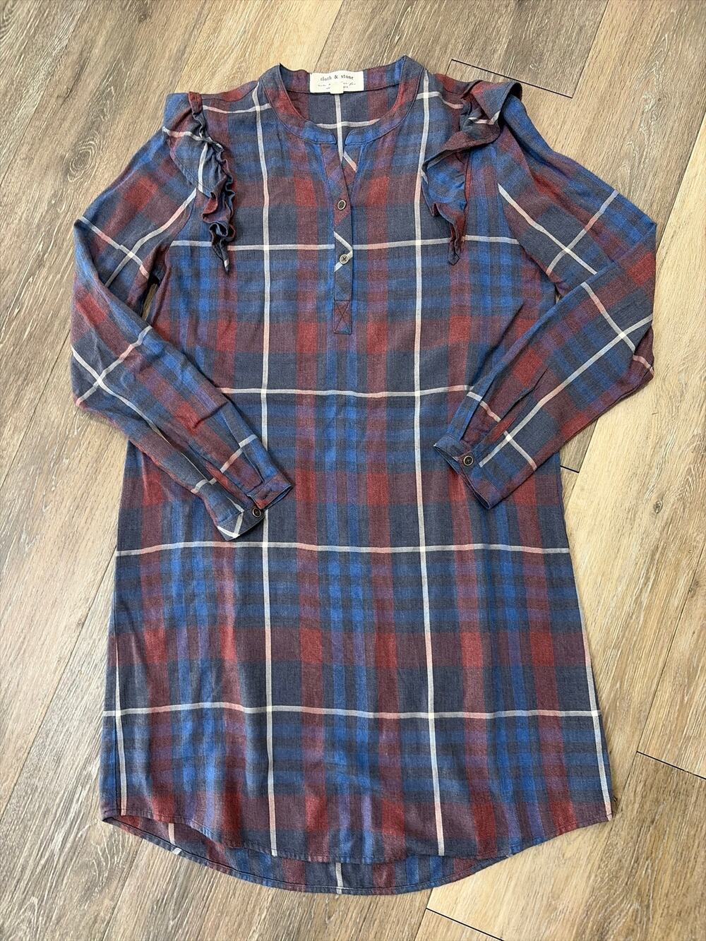 Cloth & Stone Womens Plaid Shirt Dress Small Blue Red Tunic Ruffle Long Sleeve
